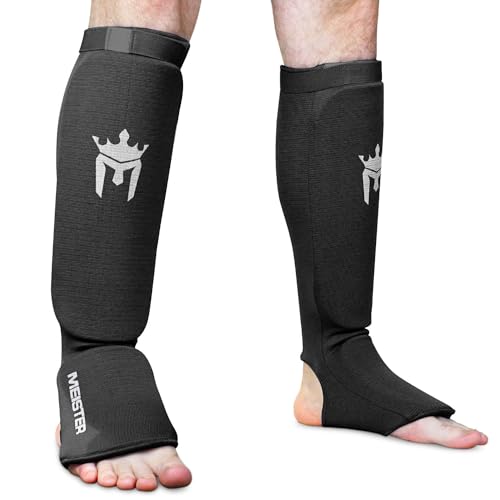 Meister MMA Elastic Cloth Shin & Instep Padded Guards (Pair) - color: Black, size: Large-X-Large