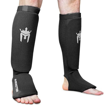 Meister MMA Elastic Cloth Shin & Instep Padded Guards (Pair) - color: Black, size: Large-X-Large