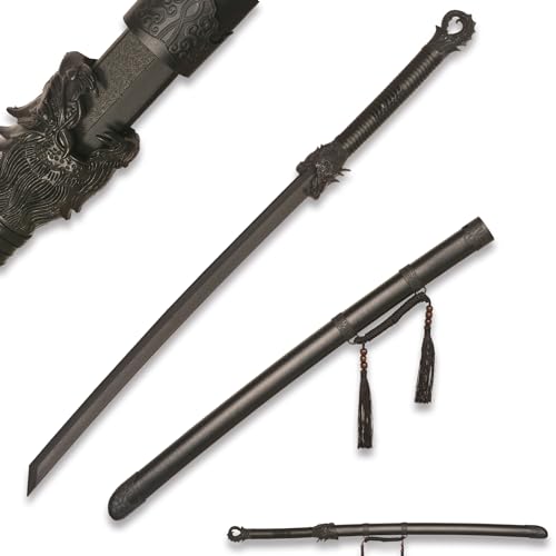 39" Plastic Martial Arts Polypropylene Training Katana Practice Sword, Black Chinese Tang Dynasty Style Dragon Pattern Decorated Sword with Scabbard and Tassel - color: B-Dragon Head Tang Sword