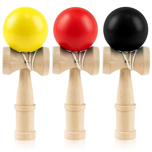 3-Pack Kendama Wooden Toy and Ball Game, Black Red Yellow - color: Black&red&yellow