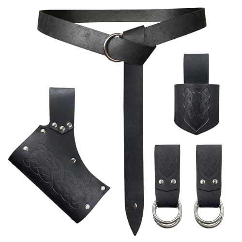 HiiFeuer 5 Pieces Medieval Belt Costume Accessories Renaissance Skirt Hike Viking Horn Belt Holster Dagger Holster Sword Frog - color: Black a