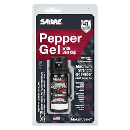 SABRE Crossfire Pepper Gel - 360° Spray for Defense at Any Angle, Maximum Strength Police-Grade OC Pepper Spray with UV Marking Dye, 20‑Foot Tactical Range, Fast Flip Top Safety, Belt Clip, 1.5 fl oz - color: Black Pepper Gel 1 Pack