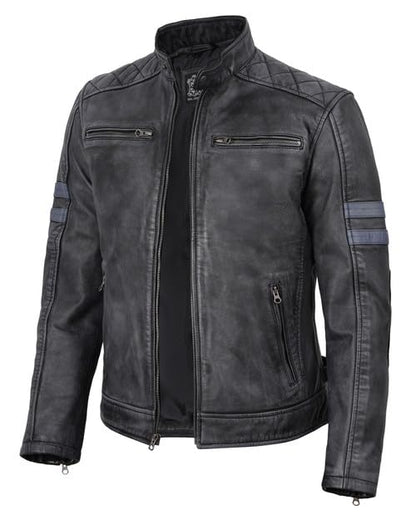 Real Lambskin Cafe Racer Leather Jacket Men Biker Style Stripes Sleeves - color: Black Wash, size: Medium