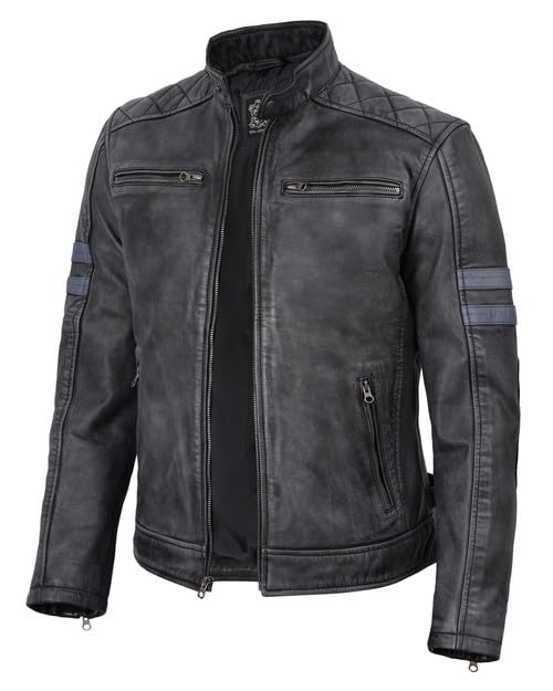Real Lambskin Cafe Racer Leather Jacket Men Biker Style Stripes Sleeves - color: Black Wash, size: X-Large