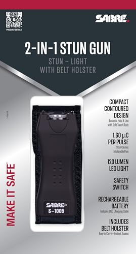 SABRE 2-in-1 Stun Gun and Flashlight and Belt Holster, Emits 1.60 Powerful Pain Inducing Microcoulombs (µC) Charge, 120 Lumen LED Flashlight, Rubberized Grip, Compact Design, Rechargeable - color: Black