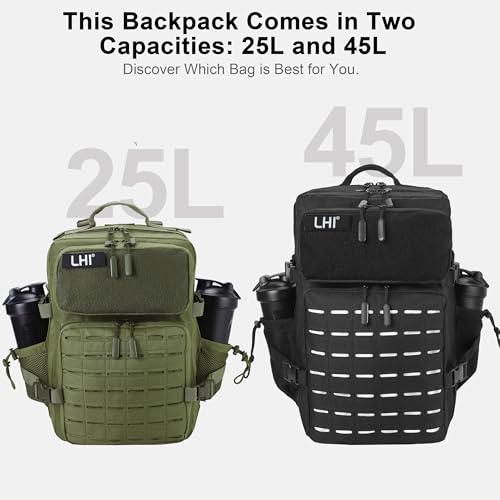 LHI Tactical Military Backpack for Men 25L/45L Large Molle Army Assault Pack 3 Day Hiking Rucksack With Bottle Holder - color: Green, size: 25L