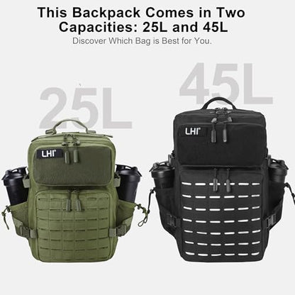 LHI Tactical Military Backpack for Men 25L/45L Large Molle Army Assault Pack 3 Day Hiking Rucksack With Bottle Holder - color: Green, size: 25L
