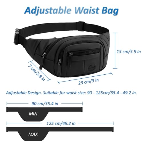 Large Fanny Pack for Men and Women, Crossbody Waist Bag with 4 Zipper Pockets Easy Carry Any Phone, Fashion Waist Pack with Adjustable Strap for Travelling, Hiking, Cycling, Running - Black - color: Black
