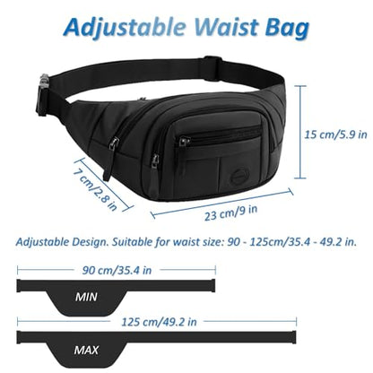 Large Fanny Pack for Men and Women, Crossbody Waist Bag with 4 Zipper Pockets Easy Carry Any Phone, Fashion Waist Pack with Adjustable Strap for Travelling, Hiking, Cycling, Running - Black - color: Black