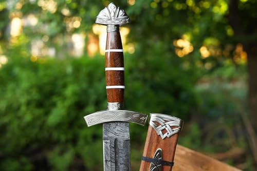 Qepaa Crafts®Handmade Damascus Steel Real Viking Style Sword | Full Tang Blade with Wooden Handle and Scabbard | Collectible Medieval Replica|Gift for him - color: Brown Handle Sword