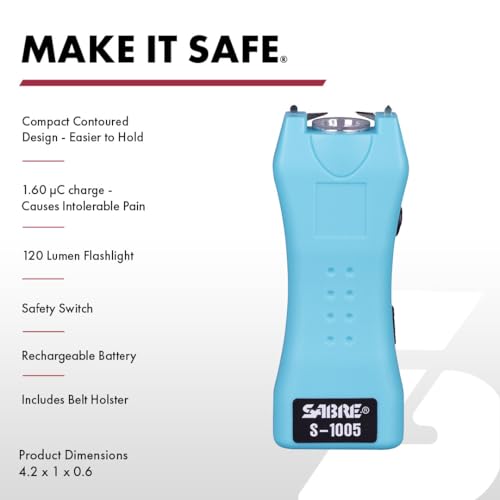 SABRE 2-in-1 Stun Gun and Flashlight and Belt Holster, Emits 1.60 Powerful Pain Inducing Microcoulombs (µC) Charge, 120 Lumen LED Flashlight, Rubberized Grip, Compact Design, Rechargeable - color: Turquoise