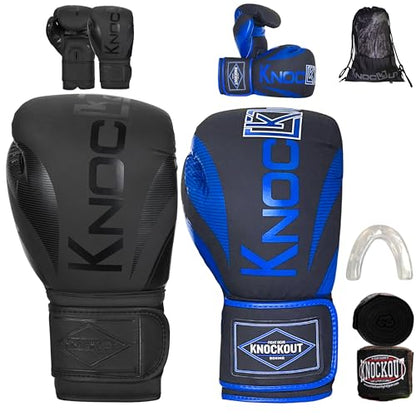 Knockout Elite Boxing Gloves 2 Pair Set, Complete Kit with Hand Wraps, Bag Pack, and Mouth Guard - Size 8oz-16oz-All Color Available - color: Black / Blue, size: 14 oz