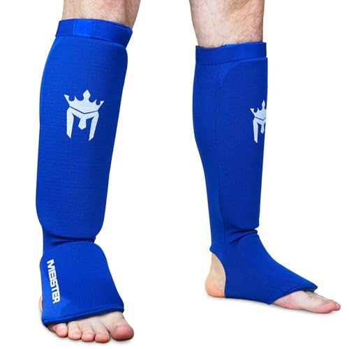 Meister MMA Elastic Cloth Shin & Instep Padded Guards (Pair) - color: Blue, size: Small-Medium