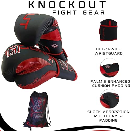 Knockout Elite Boxing Gloves 2 Pair Set, Complete Kit with Hand Wraps, Bag Pack, and Mouth Guard - Size 8oz-16oz-All Color Available - color: Golden / Red, size: 16 oz
