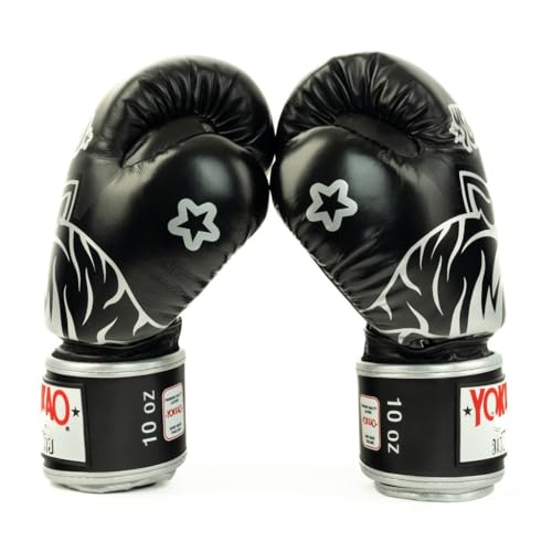 YOKKAO Design Breathable Muay Thai Boxing Glove | Premium Leather Training and Sparring Gloves for Men and Women | Winning Boxing Gloves | Punching Glove - color: Black, size: 10oz