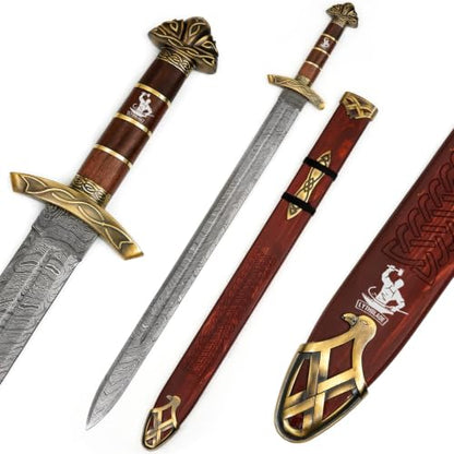 Handmade 38" Inch Real Damascus Steel Viking Sword with Scabbard-Viking & Cosplay Long Sword Full Tang Blade and Wooden Handle – Real Norse Northman Battle Sword | Best Gift for Men