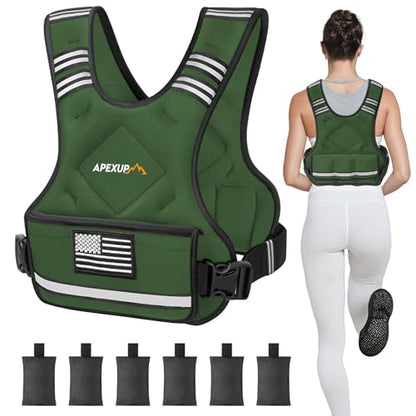 APEXUP Adjustable Weighted Vest, 4-10lb/12-18lb/20-32lb Vest with 6 Ironsand Weights and Large Pocket, Weight Vest for Men Women Strength Training, Running, Walking - color: Green, size: 20-32lbs