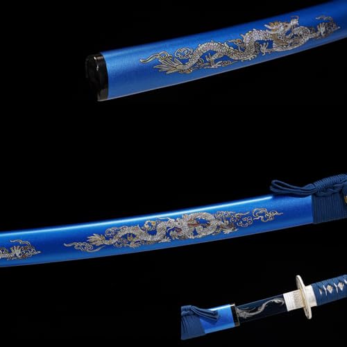1045/1060 high Carbon Steel Full Hand Forged Traditional, Katana Sword Hademade Heat Tempered ，Japanese Samurai Swords ，Full Tang,Functional,Black - color: blue-duilong
