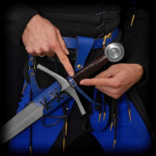 Mythrojan Medieval Sword Frog Adventurer with Leather Holder for Universal Rapier, Broadsword, Cutlass - style: Normal Left Handed - Blue (8" X 8")