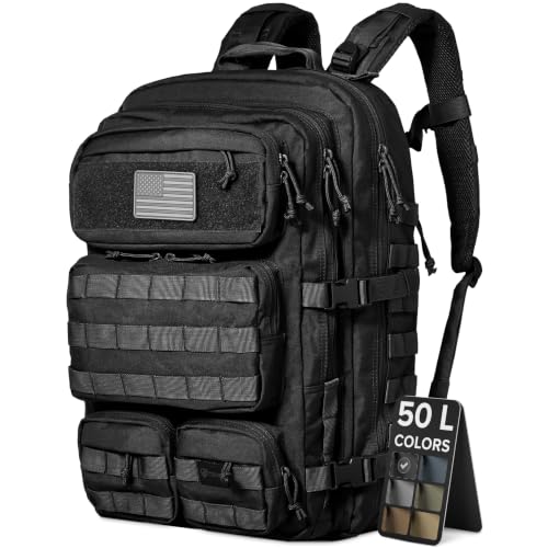 Falko Tactical Backpack for Men and Women 50L Backpack 2.4x Stronger Large Military Molle Rucksack, Bugout Backpack Outdoors - color: Black