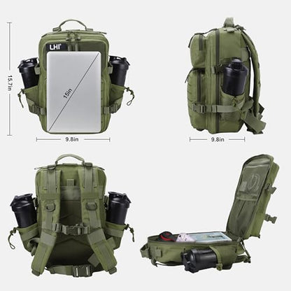 LHI Tactical Military Backpack for Men 25L/45L Large Molle Army Assault Pack 3 Day Hiking Rucksack With Bottle Holder - color: Green, size: 25L
