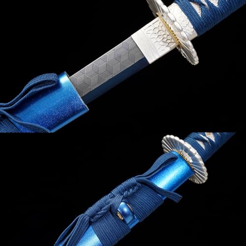 1045/1060 high Carbon Steel Full Hand Forged Traditional, Katana Sword Hademade Heat Tempered ，Japanese Samurai Swords ，Full Tang,Functional,Black - color: blue shuanglong