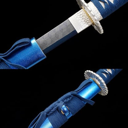 1045/1060 high Carbon Steel Full Hand Forged Traditional, Katana Sword Hademade Heat Tempered ，Japanese Samurai Swords ，Full Tang,Functional,Black - color: blue shuanglong