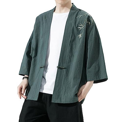 Mens Kimono Cardigan Cotton Linen Japanese Shirt 3/4 Sleeve Haori Yukata - color: 35-green, size: Small
