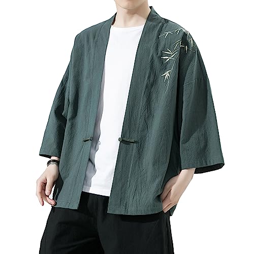 Mens Kimono Cardigan Cotton Linen Japanese Shirt 3/4 Sleeve Haori Yukata - color: 35-green, size: XX-Large