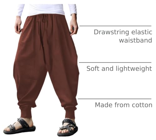 CLANMILUMS Men's Cotton Harem Pants Casual Loose Hippie Drop Crotch Trouser - color: Brown1, size: Small