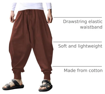 CLANMILUMS Men's Cotton Harem Pants Casual Loose Hippie Drop Crotch Trouser - color: Brown1, size: Small