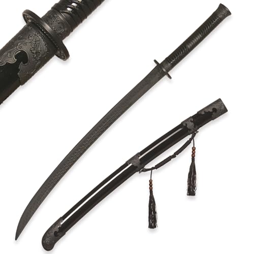 39" Plastic Martial Arts Polypropylene Training Katana Practice Sword, Black Chinese Tang Dynasty Style Dragon Pattern Decorated Sword with Scabbard and Tassel - color: C-Brotherhood of Blades