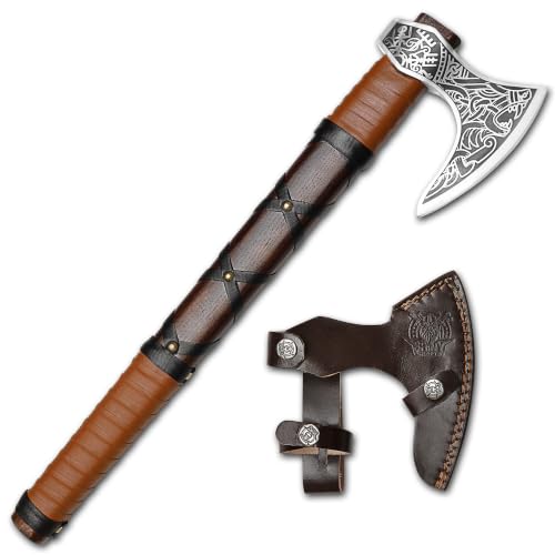 SHINY CRAFTS® Handcrafted Viking Axe – Engraved Nordic Blade with Wooden Handle Unique Gift for Men, Collectors, Cosplay, and Medieval Decor (Brown-VBA-15-A) - color: Brown-VBA-15-A