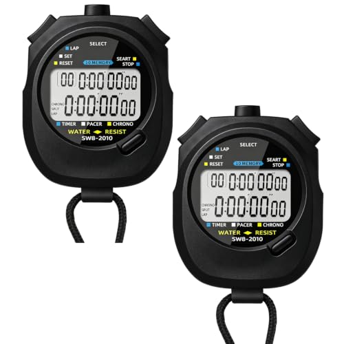 2 Pack Multi-Function Electronic Digital Sports Stopwatch Timer with 10-Lap Split Timing and Dual Row Display, Ideal for Sports Coaches and Referees