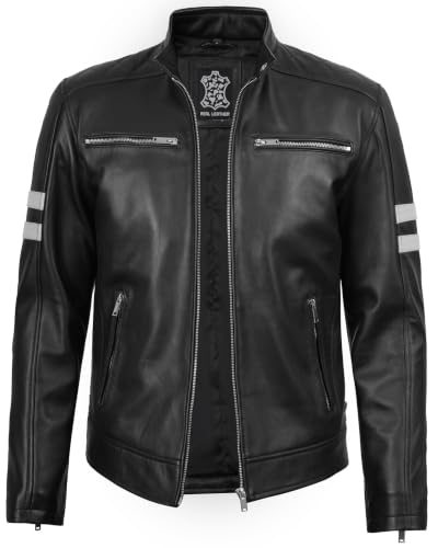 Real Lambskin Cafe Racer Leather Jacket Men Biker Style Stripes Sleeves - color: Black W, size: 3X-Large