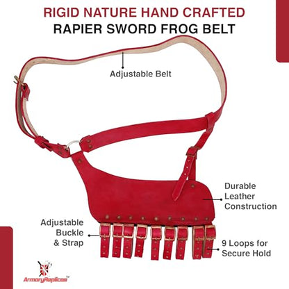 Armory Replicas Handcrafted Rigid Nature Right-Handed Leather Rapier Sword Frog Belt with Adjustable Fit - color: Red