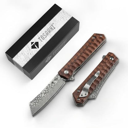Damascus Folding Knife, 3.54 Inch Tanto - color: Wood-B