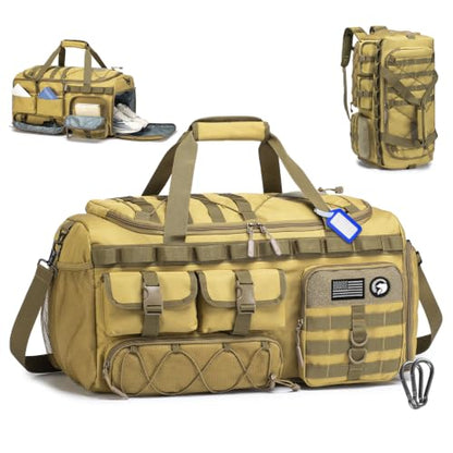60L Gym Bag with Shoe Compartment 3 in 1 Tactical Duffle Bag - color: Khaki, size: 60L