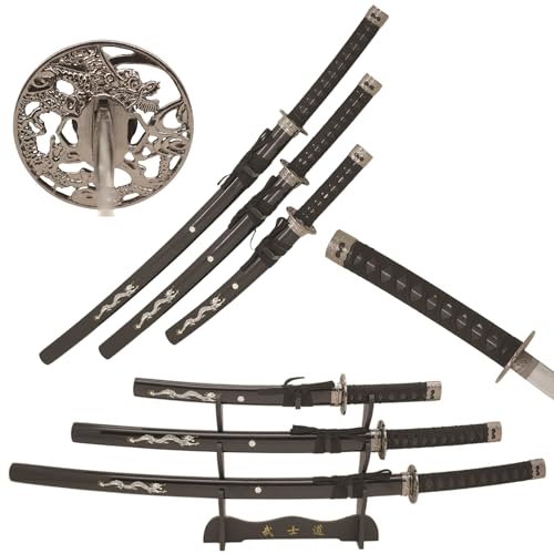 Snake Eye Tactical Two Tone 3 Piece Samurai Katana Set w/Free Sword Stand - color: Black