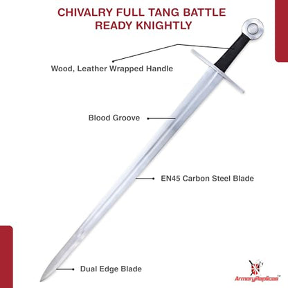 Armory Replicas™ Medieval Hand Forged Knight Sword EN45 Carbon Steel Full Tang with Scabbard - style: Knightly Arming Sword