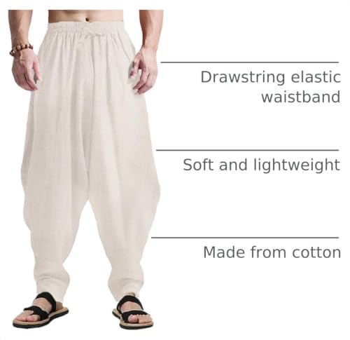CLANMILUMS Men's Cotton Harem Pants Casual Loose Hippie Drop Crotch Trouser - color: Beige, size: XX-Large