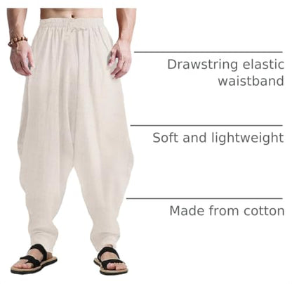 CLANMILUMS Men's Cotton Harem Pants Casual Loose Hippie Drop Crotch Trouser - color: Beige, size: Large