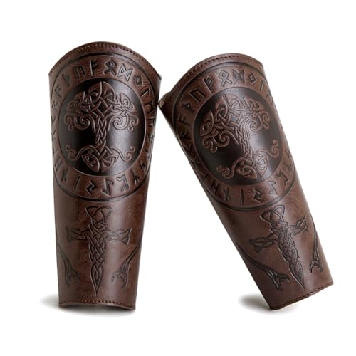 Leather Bracers for Men - Viking Embossed Medieval Arm Archery Guard Gauntlet Costumes - color: Hbr059-tree Coffee