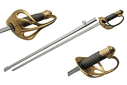SZCO 32” Officer Ceremonial Sword – Military Dress Sword for Adults with Brass Guard & Pommel, Leather Wrapped Handle & Metal Scabbard for Reenactment, Costume, Display & Ceremonial Use