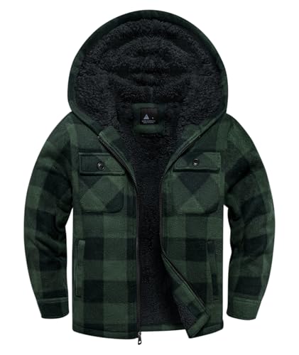 Boys Flannel Jacket Hooded Fleece Lined Zip-up Hoodies Plaid Coat for Kids - color: Dark Green, size: 12-13 Years