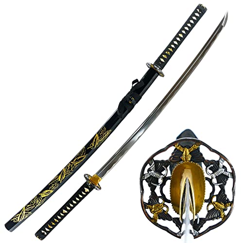 Makoto Hand Forged Razor Sharp 41" Black Samurai Katana Sword - Hand Painted High Gloss Black Scabbard - style: Leaf