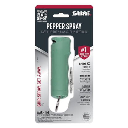 SABRE Pepper Spray with Fast Flip-Top Safety & Snap‑Clip Keychain for Self Defense - Maximum Police Strength OC with UV Marking Dye, 10‑Sec. Spray, 14-ft Range, Finger Grip, Made in USA, 0.54 fl oz - color: Sage Green (Pack of 2)