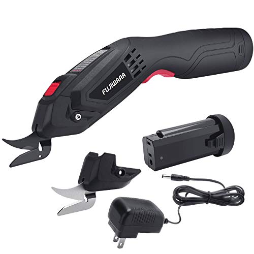 FUJIWARA Electric Scissors, 2 Removable Lithium Batteries and 2 Cutter Blades, Cordless Shears Cutting Tool for Fabrics/Canvas/Carpets/Leather/Cardboard/Other Thin Materials - color: Black
