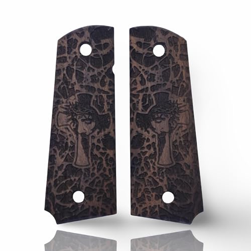 Art Series 1911 Pistol Grips – Handcrafted Walnut Wood Panels with Unique Engraved Designs | Oil Finish | Fits Full-Size 1911 Clones - color: Mystic Cross