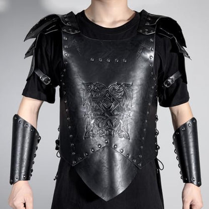 Leather Bracers for Men - Viking Embossed Medieval Arm Archery Guard Gauntlet Costumes - color: Hbr050-pure Black
